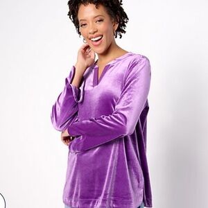 NWOT LOGO by Lori Goldstein Knit Velvet Split Neck Pullover Top Large